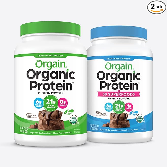 Orgain Organic Protein + Superfoods Powder and Orgain Organic Vegan Protein Powder Bundle (2.02 Lb + 2.03 Lb)