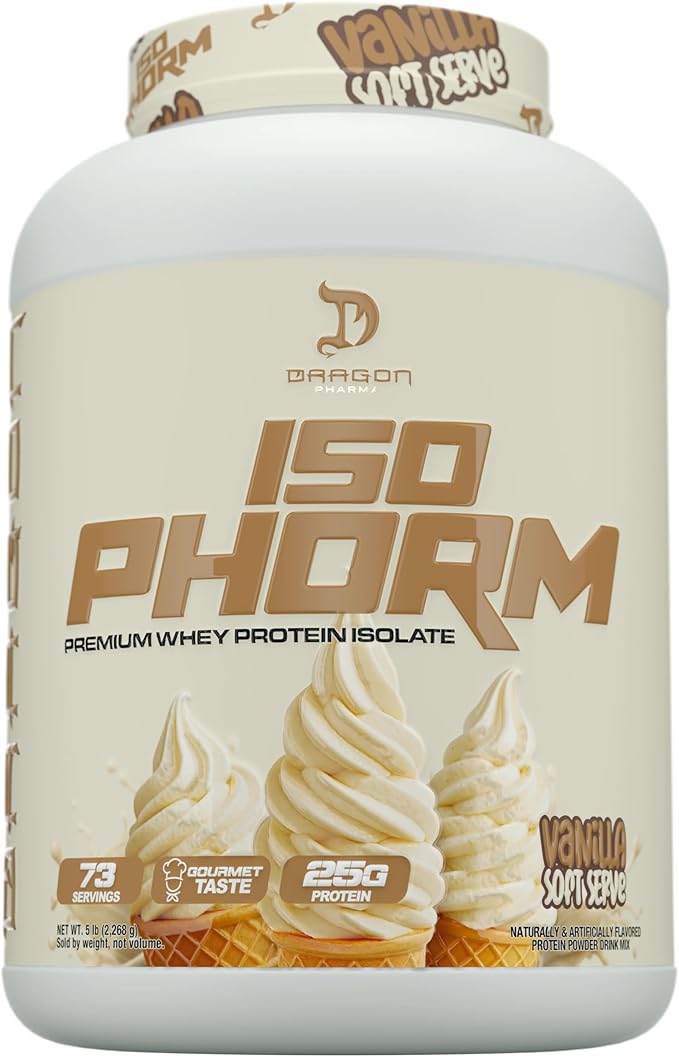 DRAGON PHARMA Isophorm Hydrolized Whey Protein Isolate Fast Absorption Premium Whey Protein Maximize Recovery Great Tasting 25g Per Serving (5 lb Vanilla Soft Serve)