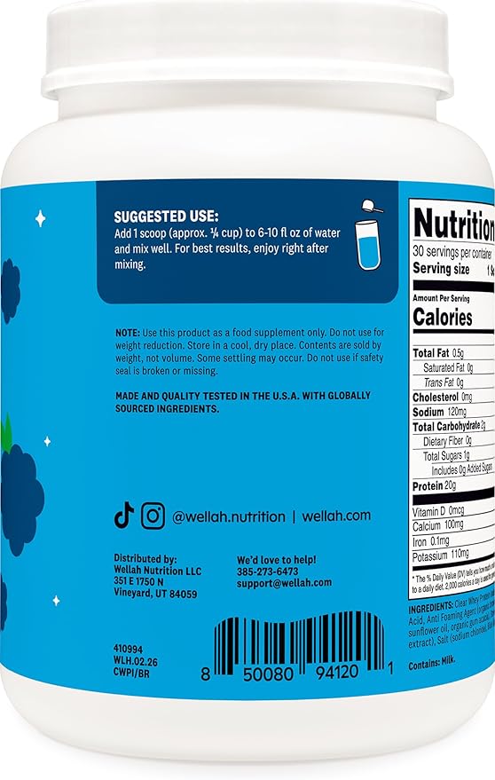 Wellah Clear Whey Protein Isolate Powder (Blue Raspberry) 30 Servings - 20g of Protein 90 Calories Sweetened with Stevia
