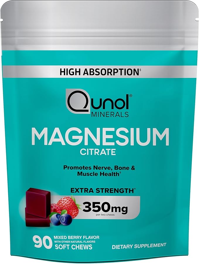 Qunol Magnesium Citrate Soft Chews 350mg Extra Strength Magnesium Supplement High Absorption to Support Nerve Bone and Muscle Health 90 Count