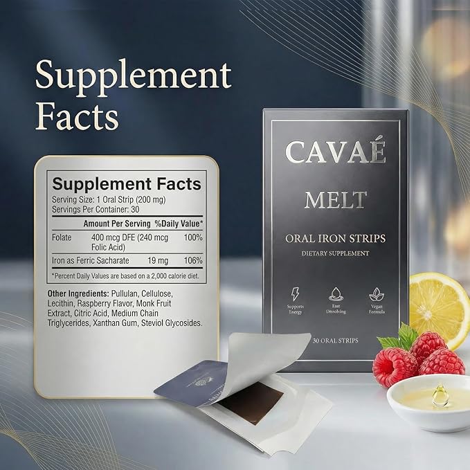 Cavae Oral Iron Strips - Oral Dissolving Film Ferrovia Iron Supplement for Women 19 mg Iron with Folate Fast-Dissolve Raspberry Flavor 30 Day Supply