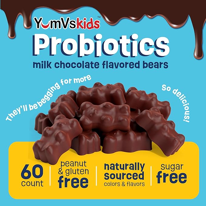 YUM-V'S Probiotics &amp Multivitamin Bundle for Kids – Probiotic with Prebiotic Fiber Chocolate Bears + Multivitamin &amp Multimineral with Iron Chewables – Digestive Immune &amp Overall Health Su