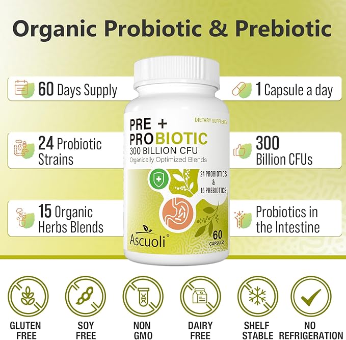 Probiotics for Women &amp Men - 300 Billion CFU 24 Strains + 15 Organic Herbs Prebiotics Blend Daily Probiotic for Digestive Health Immune Gut Bloating - 240 Vegetarian Capsule (240-Days Supply)