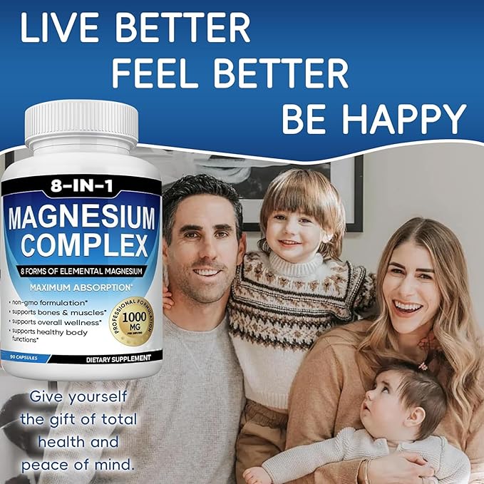 Magnesium Complex Supplement 8 Elemental 1000mg with GlycinateCitrate for Muscle Recovery Stress Energy Bone Health Vegan Non-GMO 180 Capsules Magnesium Supplement for Women Men 2 Bottle
