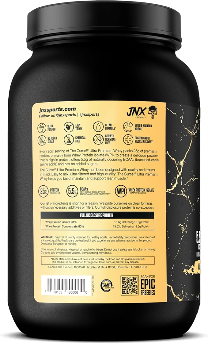 JNX SPORTS The Curse! Ultra Premium Whey Protein Powder Vanilla Bean 2lb | 25g Protein Per Serve Primary Source Whey Isolate