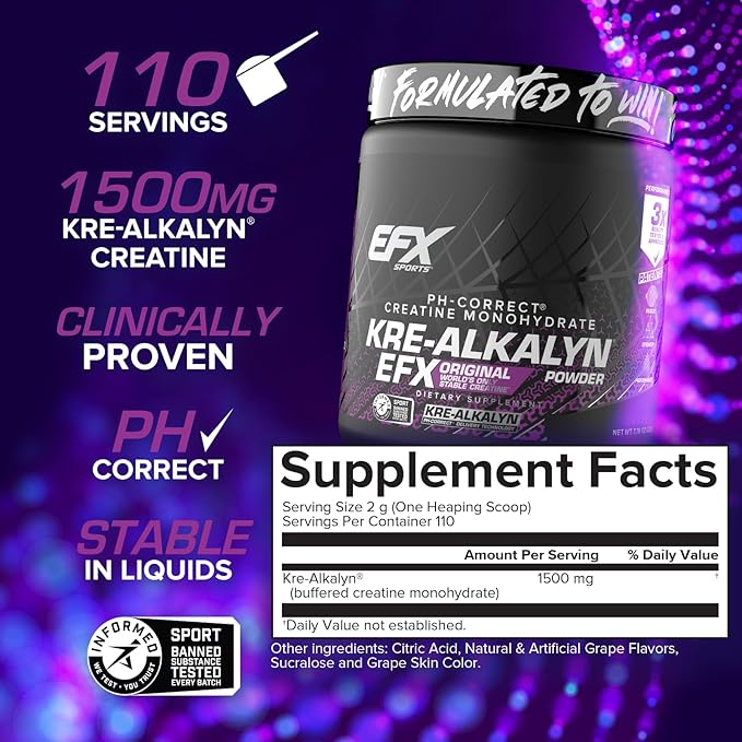 EFX Sports Kre-Alkalyn EFX Powder | pH Correct Creatine Monohydrate Powder Supplement | Strength Muscle Growth &amp Performance | 110 Servings (Grape)