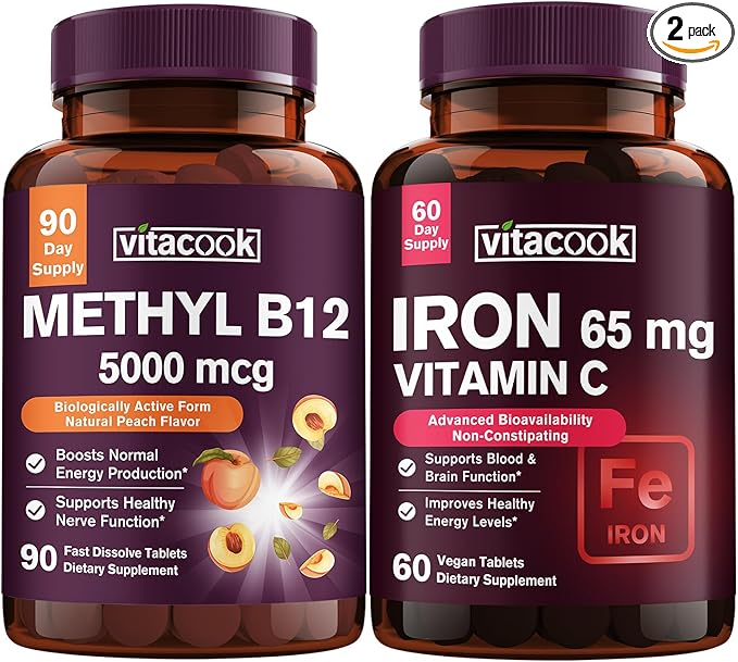 Iron and Vitamin B12 Bundle 5000 mcg B12 Zero Sugar Carbonyl Iron with Vitamin C Gentle on The Stomach