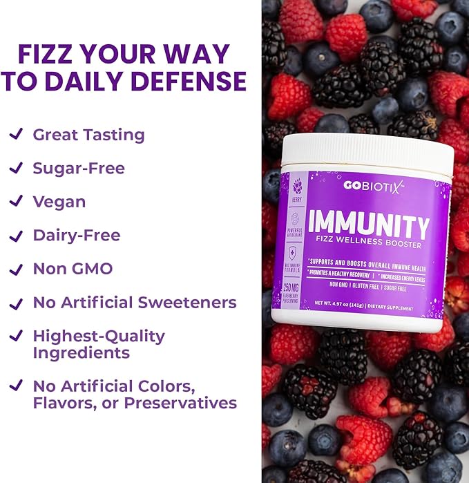 GOBIOTIX Vitamin C - Immune Defense Support Supplement - Immunity Powder Wellness Booster - Vegan Superfood - Elderberry Turmeric B12 Vitamin Supplement Non-GMO and Sugar Free (Berry)