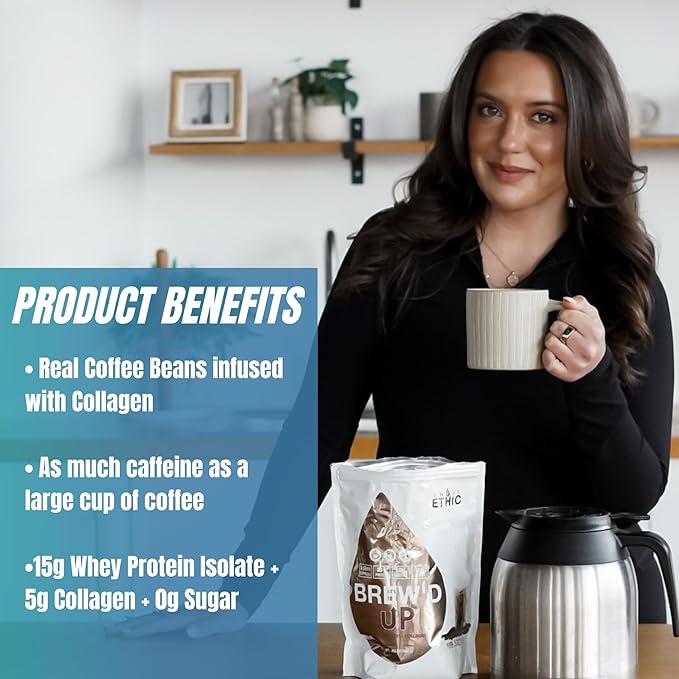 Sweat Ethic Brew’D UP Collagen Protein Coffee Whey Isolate &amp Collagen Peptides Natural Caffeine Low Lactose No Added Sugar Easy-Mix Protein Coffee Powder Mocha Flavor 15 Servings