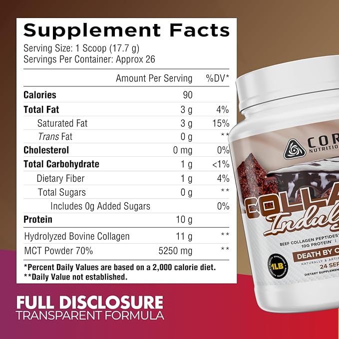 Core Nutritionals Collagen Indulgence | Hydrolyzed Collagen Peptides Type I &amp III | MCTs &amp Digestive Enzymes| Hair Skin &amp Nails | Bone &amp Joint Support | 24 Servings | 1 Pound (Vanill