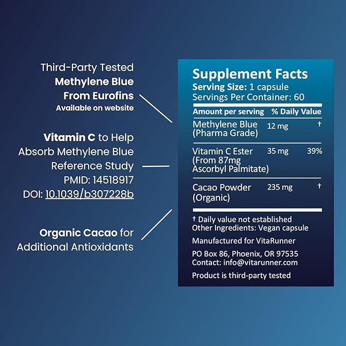 Methylene Blue Capsules - Pharmaceutical Grade Supplement - Made in America - 12mg (USP Grade) with Vitamin C Ester Enhanced Absorption - Third Party Tested (60ct)
