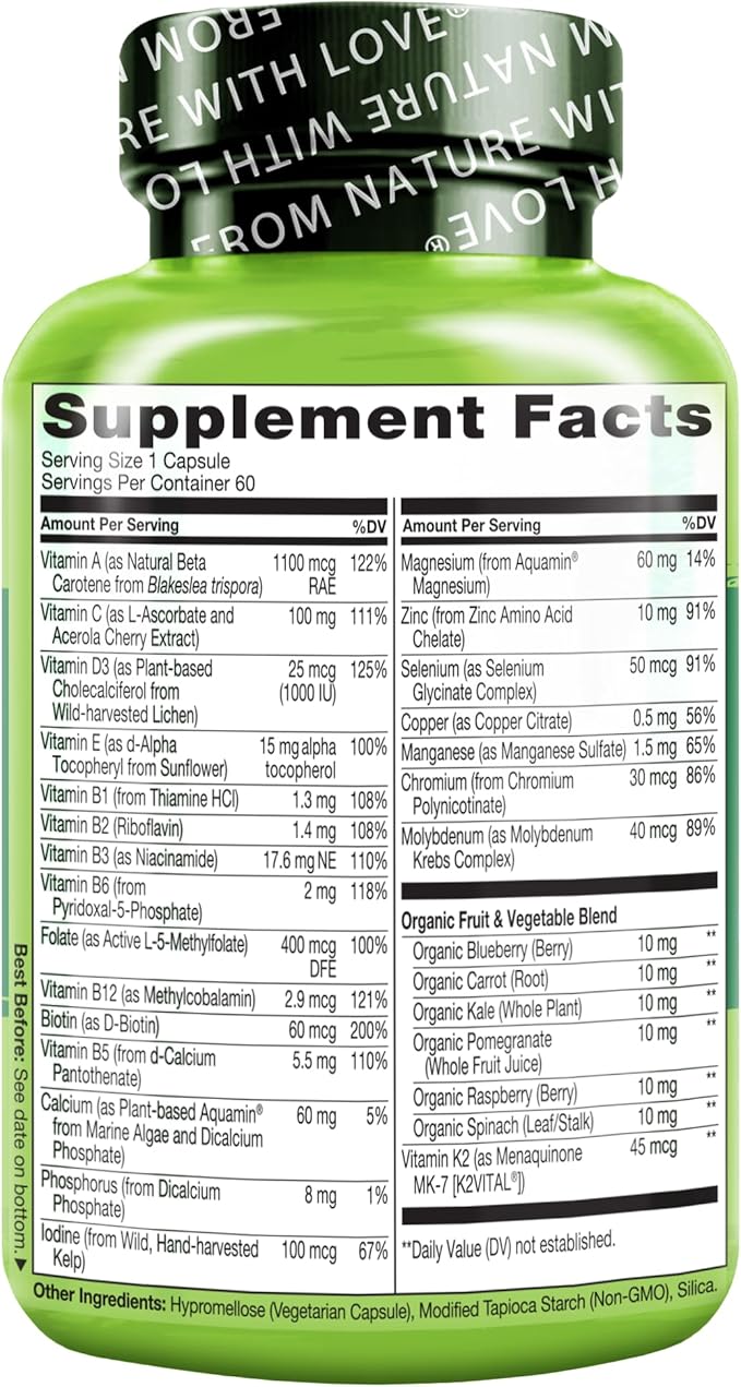 NATURELO Mens Multivitamins for Men 50+ - One Daily Multivitamin for Men with Vitamins Minerals &amp Organic Whole Foods Boost Energy &amp Health Non-GMO 60 Vegetarian Capsules