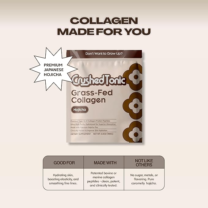 Crushed Tonic Bovine Collagen Powder Korean Beauty Drink with Hydrolyzed Collagen Peptides for Skin Hair &amp Nails | Gluten-Free Halal &amp Kosher (Hojicha 30 Servings (150 g) Pouch)