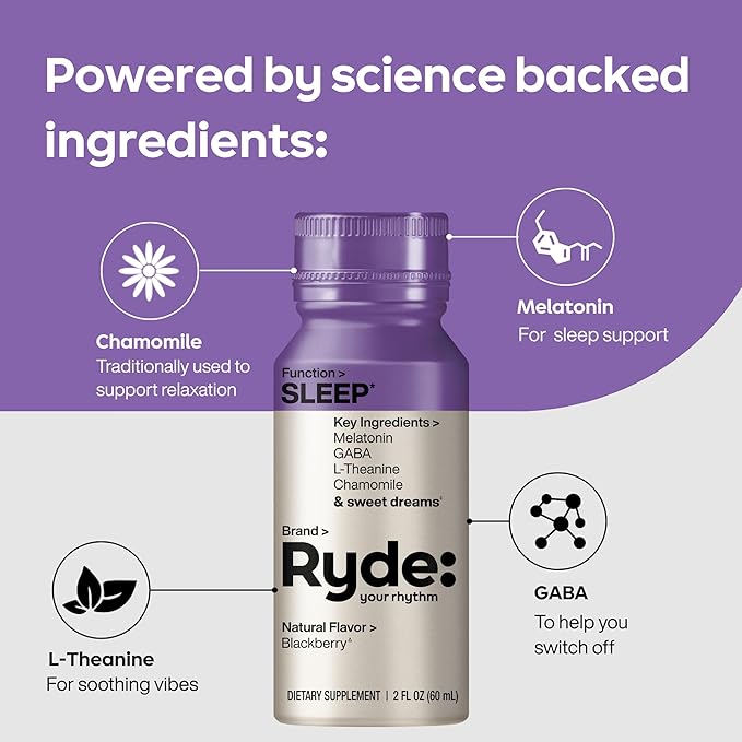 Ryde: SLEEP | 2oz Sleep Shot for Occasional Use | Melatonin GABA L-Theanine &amp Chamomile | Blackberry Natural Flavor | Sugar-Free Zero Calories Vegan | Manufactured in USA (8 Pack)