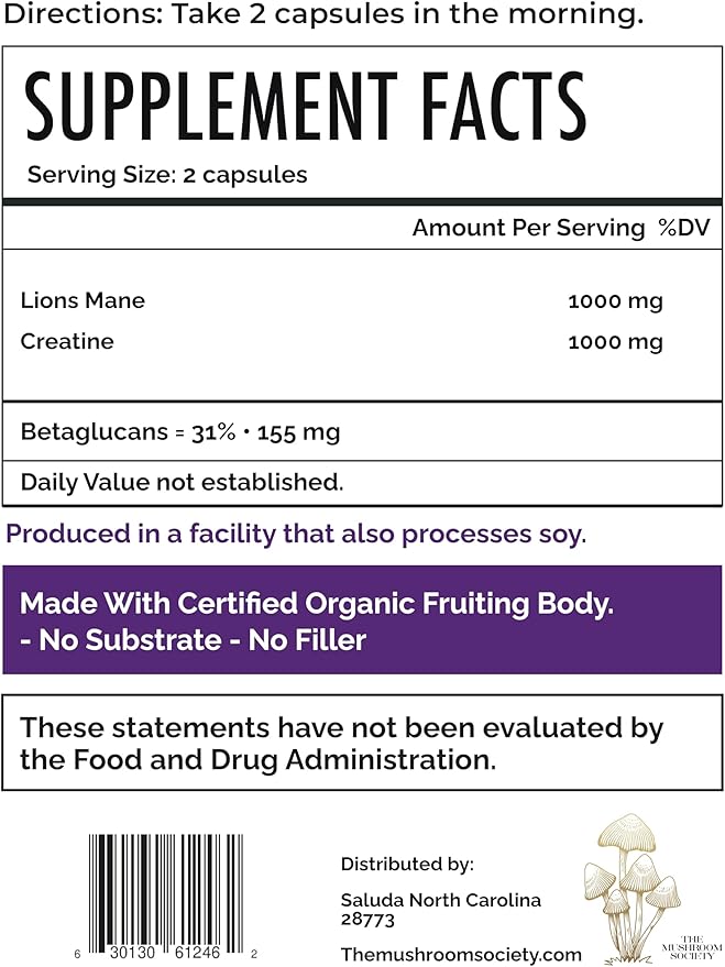 Lion’s Mane Extra Supplement - 1000 mg Lion’s Mane + 1000 mg Creatine – Mental &amp Physical Energy Clarity &amp Performance - 120 Vegan Capsules