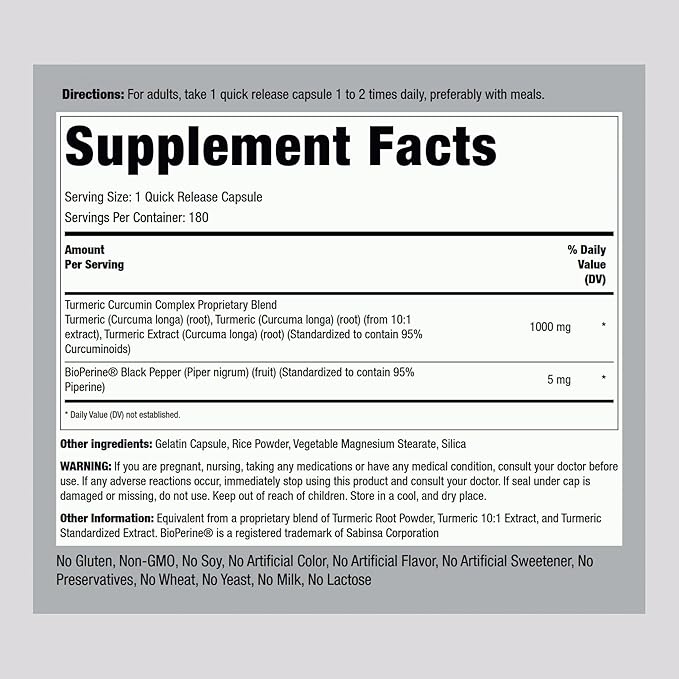 Piping Rock Turmeric Curcumin with Black Pepper Extract | 180 Capsules | Complex Herb Supplement | Non-GMO Gluten Free