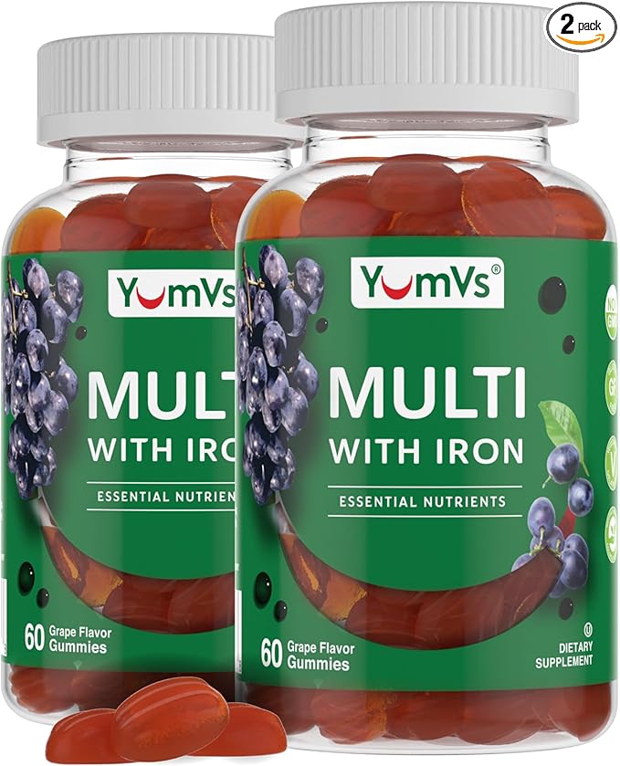 YUM-V'S Iron Gummies - Multivitamin Iron Supplement with Vitamin C A B &amp Zinc Supports Blood Oxygen Vegan Supplements for Women Men &amp Kids for Growth and Development - Grape Flavor | 2-Pa
