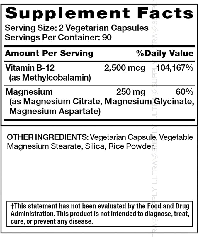 Nature Truths Magnesium Blend 250 mg 180 Count Vegetarian Capsules - Magnesium Citrate Glycinate &amp Aspartate Plus Vitamin B-12 Non-GMO Gluten-Free