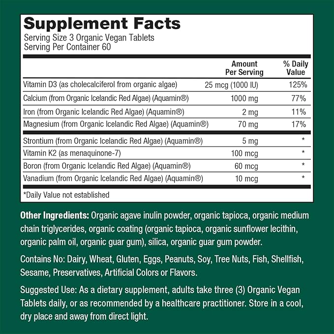 PlantFusion Organic Vegan Calcium Premium Organic Plant Based Calcium (1000mg) Sourced from Icelandic Red Algae Plus Magnesium D3 K2 Iron and Boron 180 Vegan Tablets