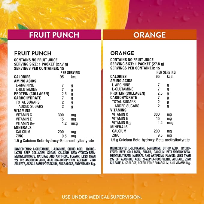 Juven Therapeutic Nutrition Drink Powder Including Collagen Peptides Amino Acids and HMB For Wound Healing Support Variety Pack: Orange &amp Fruit Punch 30 Packets