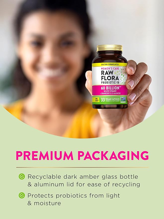 Raw Flora Women's Probiotics | Dr. Formulated 60 Billion CFU + Prebiotics | Digestive Vaginal &amp Urinary Support | 33 Vegan Capsules with Cranberry &amp D-Mannose | Shelf Stable