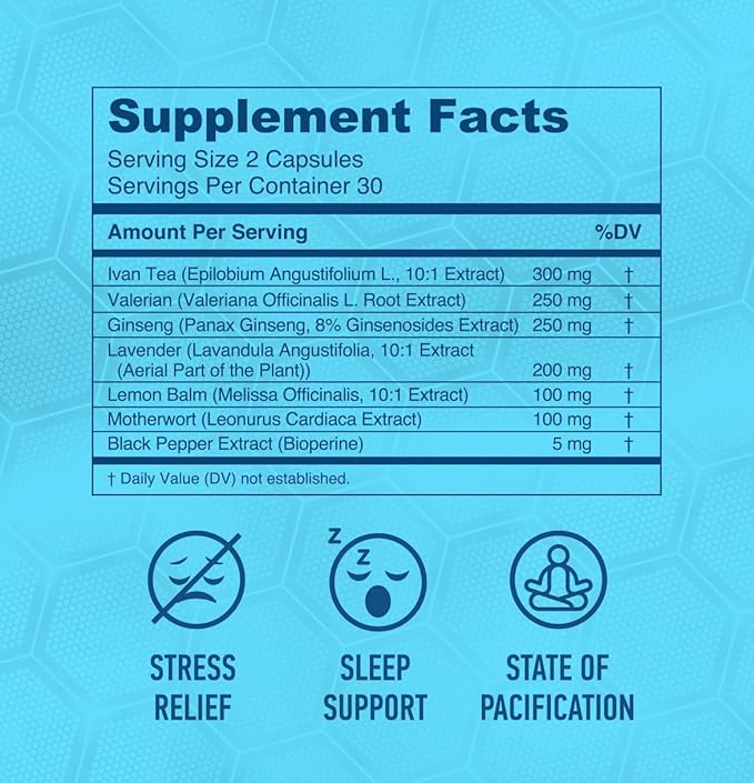 HARDLABZ Relax - All-Natural Stress Relief Sleep Support Mood Enhancement Herbal Supplement with Ivan Tea Valerian Ginseng Lavender Lemon Balm Motherwort 60 Capsules