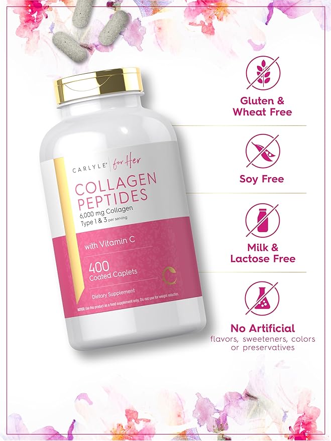 Carlyle Collagen Peptides 6000mg | 400 Caplets | with Vitamin C | Type 1 and 3 | Non-GMO Gluten Free Grass Fed Supplement