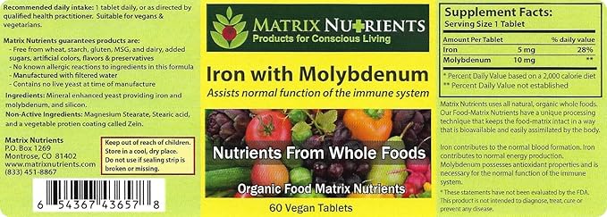 Iron with Molybdenum - Immune and Stress Support ANTIOXIDANT Health Assists with Cellular Growth - 100% Organic - Vegan Tablets (60ct)