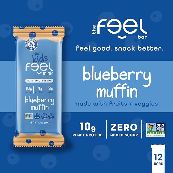 Feel Bar Minis – Kids Protein Bars | Blueberry Muffin | 10g Plant Protein | 100 Calories | No Added Sugar | + Daily Veggies | Gluten Free No Nuts No Soy No Dairy No Grains (12 Pack)