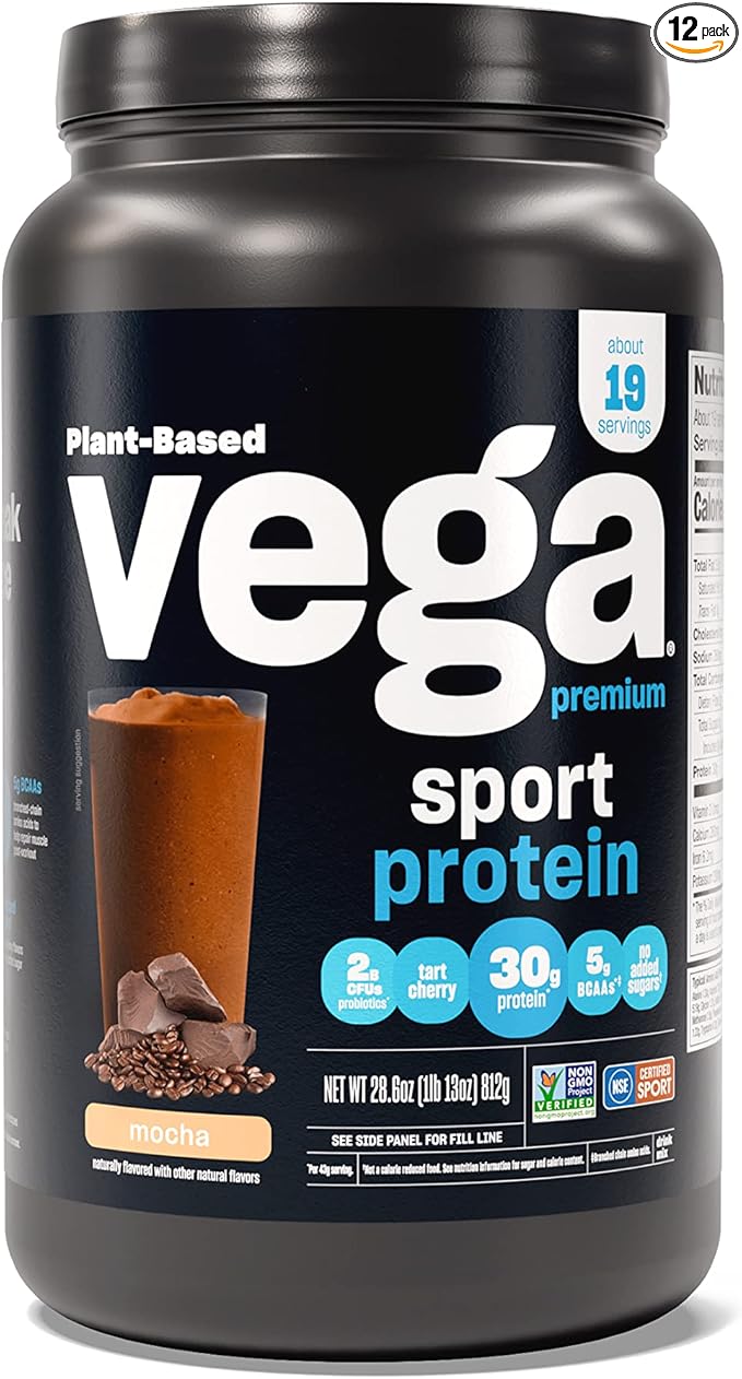 Vega Premium Sport Vegan Protein Powder Mocha (19 Servings) 30g Plant Based Protein 5g BCAAs Low Carb Keto Dairy Free Gluten Free Non GMO Pea Protein for Women and Men 1.7 lbs (Pack of 12)
