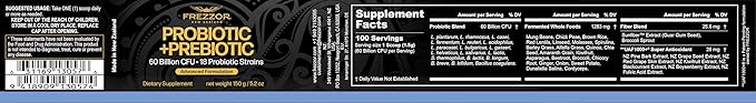 FREZZOR Probiotic + Prebiotic Powder Once Daily 60 Billion CFUs Digestive Health for Men and Women 18 Strains Shelf Stable with Fermented Wholefoods Prebiotic &amp Fibre 4Pk 600g 4 Month Sup