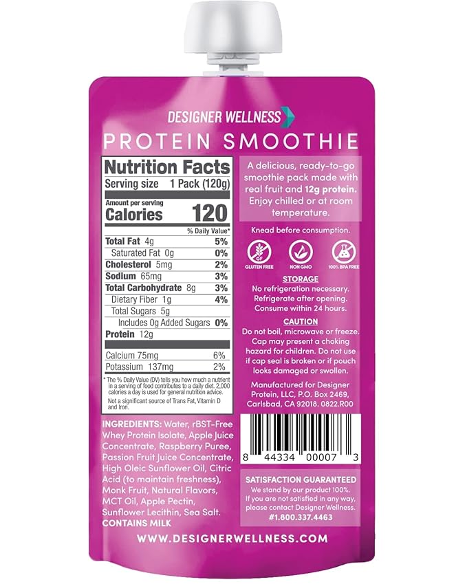 Designer Wellness Protein Smoothie Real Fruit 12g Protein Low Carb Zero Added Sugar Gluten-Free Non-GMO No Artificial Colors or Flavors Raspberry Passion Fruit 12 Count