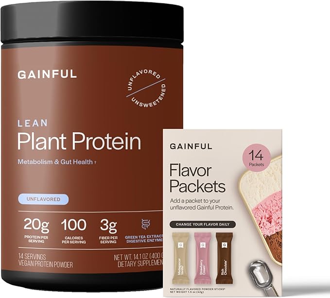 Gainful Lean Plant Protein Powder &amp Neapolitan Flavor Bundle 20g Plant Protein Supports Lean Muscle Metabolism &amp Satiety with Green Tea Extract Vegan 14 Servings + 14 Flavor Sticks
