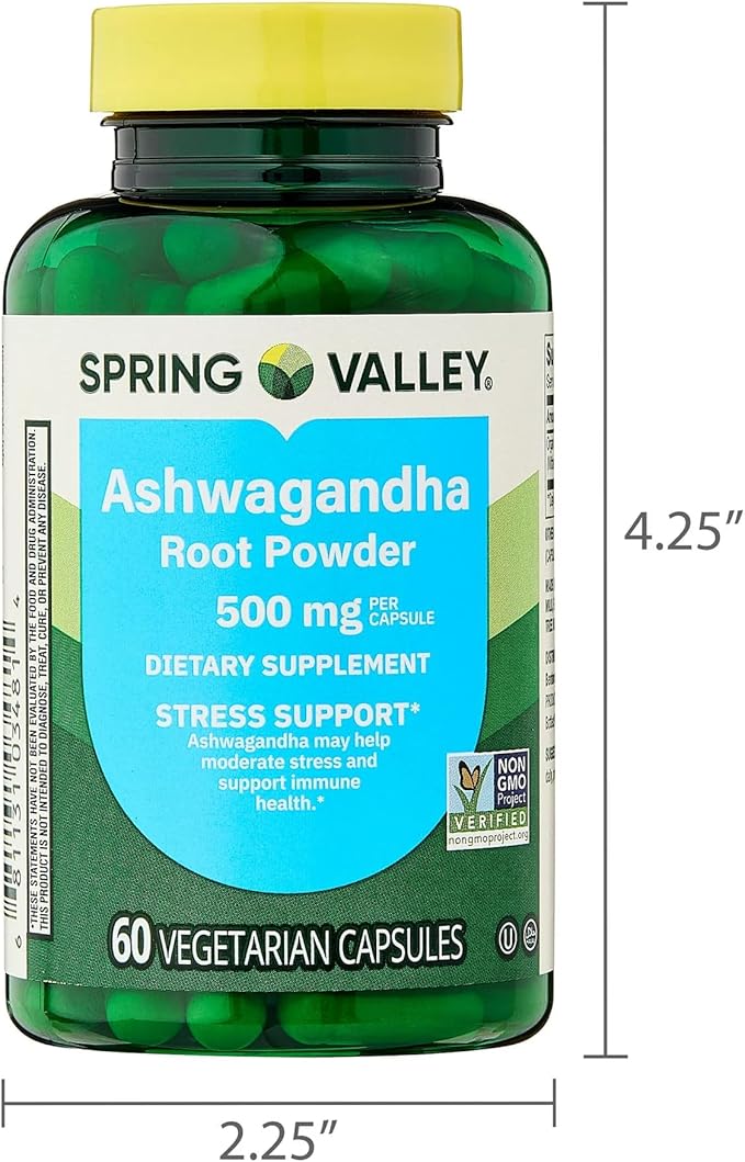 SUREFECT Spring Valley Ashwagandha Root Powder General Wellness Dietary Supplement Vegetarian Capsules 500 mg 60 Count Organizer.