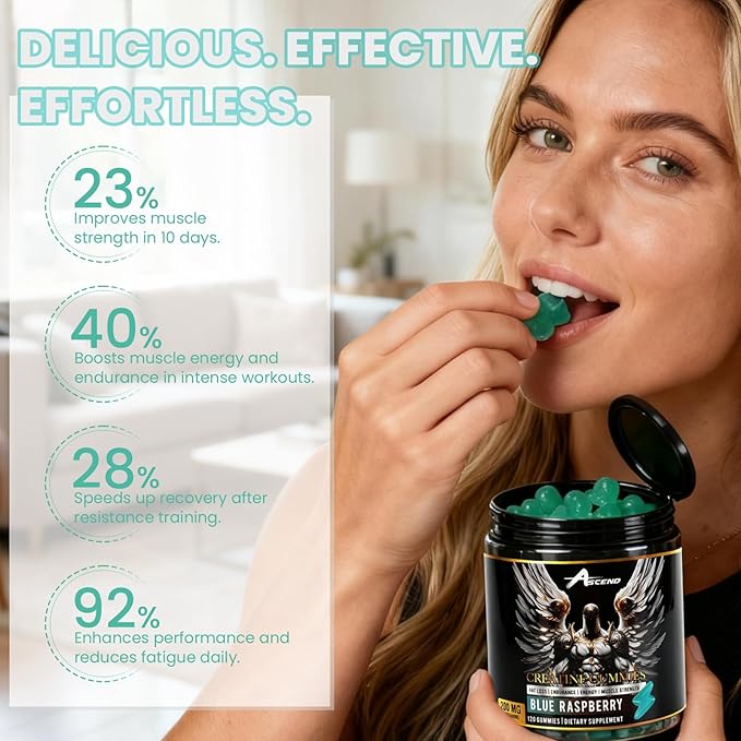 Ascend Creatine Monohydrate Gummies 5000mg (30 Servings Blue Raspberry Flavor)