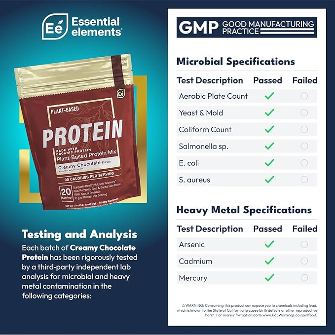 Essential Elements Plant-Based Organic Protein Powder - Creamy Chocolate Flavor - Vegan Sugar-Fee &amp Keto-Friendly - Yellow Pea &amp Sacha Inchi Protein Blend - 20 Servings