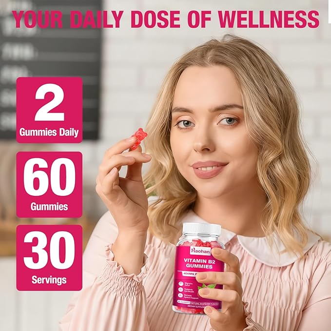 Haohan Vitamin B2 400mg with Magnesium Gummies for Migraine and Nervous System Support in Sugar-Free Vegan Raspberry Flavor 120 Count for Adults and Kids