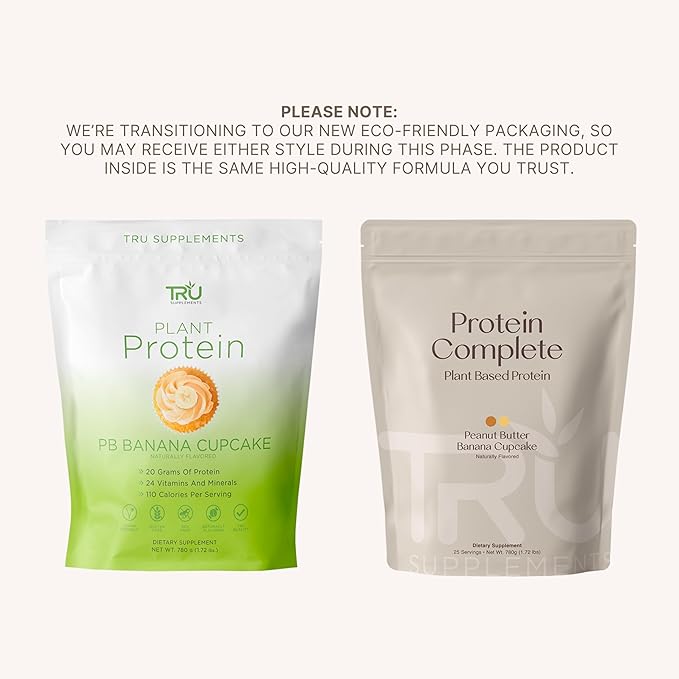 TRU Plant Based Protein Powder BCAA EAA 20g Vegan Brown Rice &amp Pea Protein 100 Calories 27 Vitamins No Artificial Flavors 25 Servings (Peanut Butter Banana Cupcake)