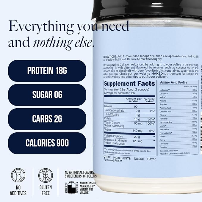 NAKED Vanilla Collagen Advanced - Peptides Protein Powder Hyaluronic Acid Vitamin C Pasture-Raised Grass-Fed Hydrolyzed Collagen Supplement Paleo Friendly Non-GMO Keto Gluten Free 1.3LB