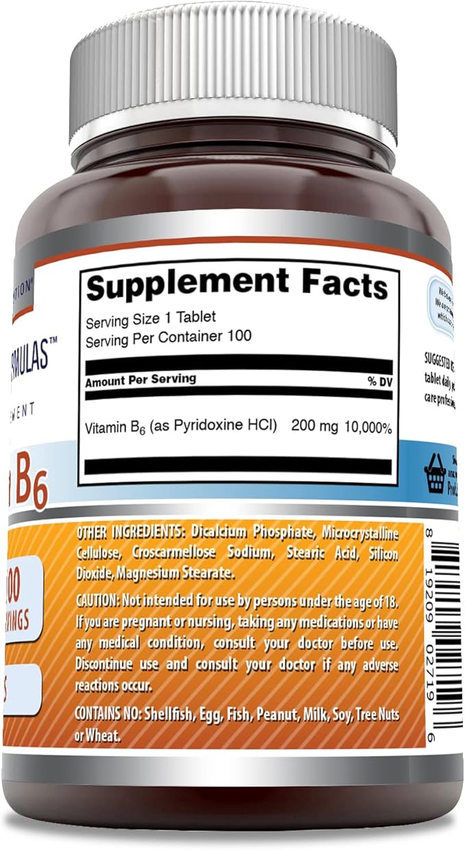 Amazing Formulas Vitamin B6 Pyridoxine 200mg 100 Tablets Supplement | Non-GMO | Gluten Free | Made in USA (Pack of 2)