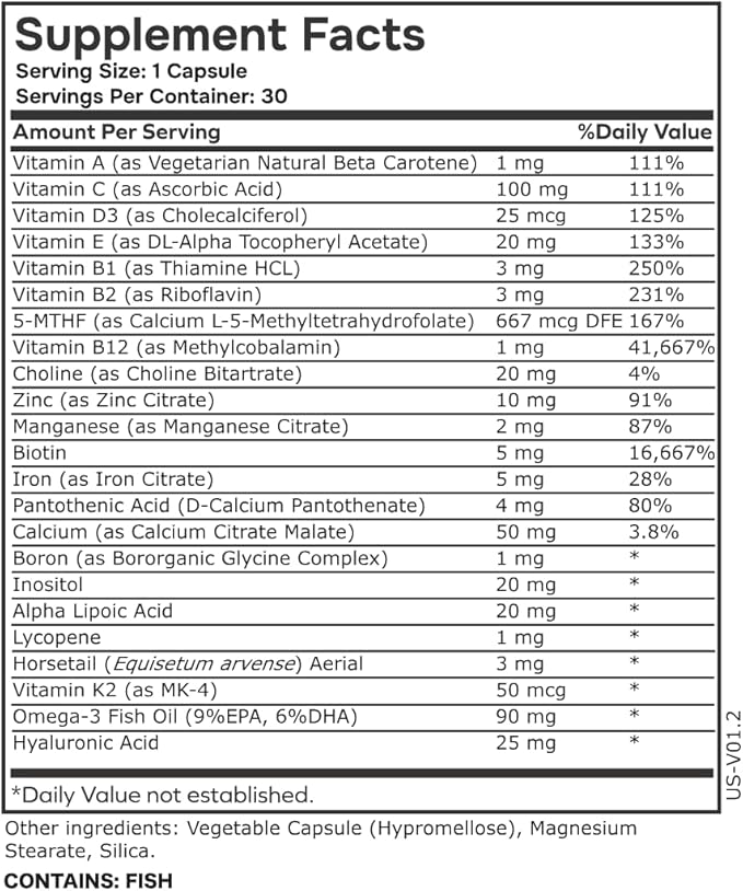 Womens Methylated Multivitamin Multimineral Horsetail Iron Biotin Complex with L Methylfolate for Ultra Absorption