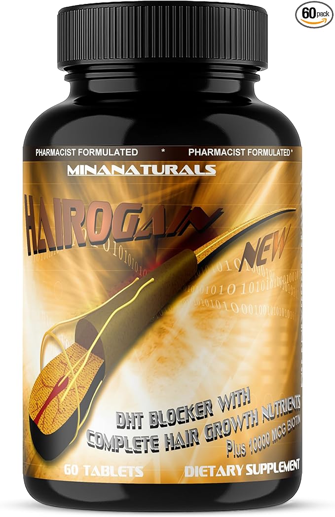 HAIROGAIN DHT Blocker. Support Hair Growth. 10000 mcg Biotin Collagen &amp Hair Vitamins Added. Help Decrease Hair Loss and Baldness. 60 Tablets