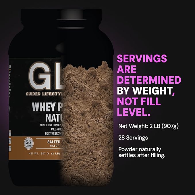 GLO Health Foods Cold-Processed Whey Protein - Salted Caramel Flavor - 24g Protein per Serving - Whey with Digestive Enzymes &amp BCAAs - Supports Muscle Growth Strength &amp Recovery - 2 LB (28 Se