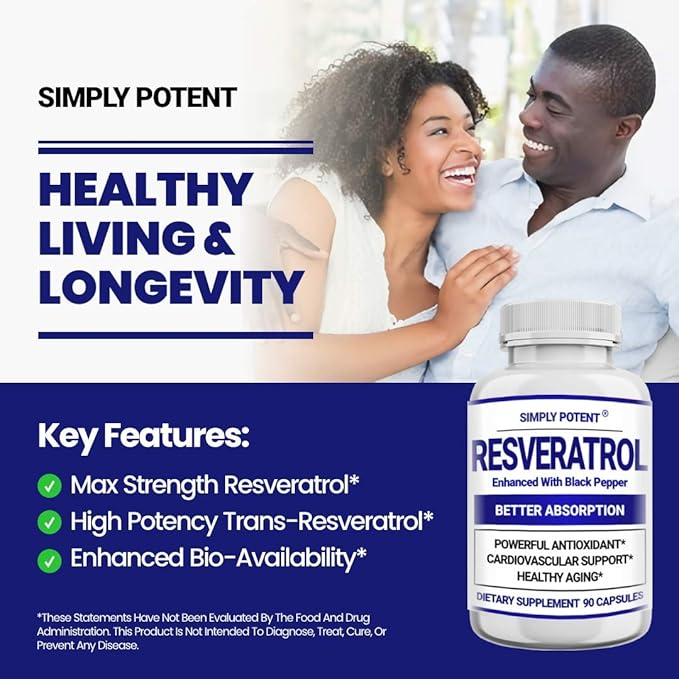 Resveratrol 1000mg Supplement Trans Resveratrol 500mg Resveratrol Enhanced with Black Pepper for Max Absorption Powerful Antioxidant &amp Anti-Aging Pills for Heart Immune &amp Skin Health 90 C
