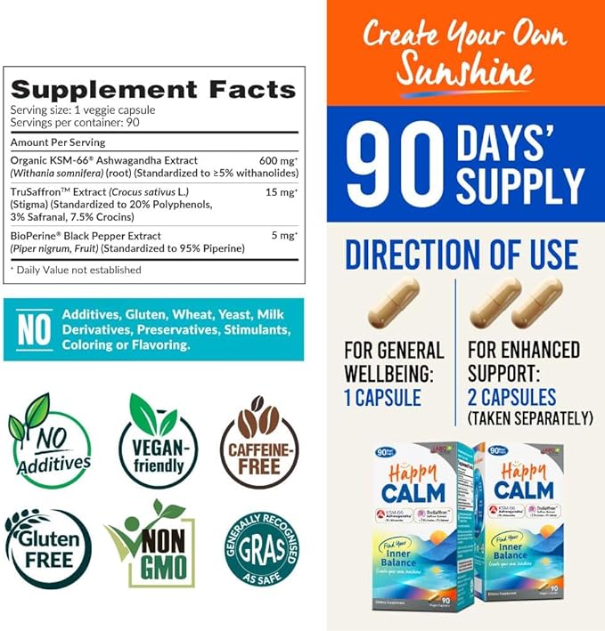 LABO Nutrition Happy Calm with KSM-66 Ashwagandha 5% Withanolides Saffron Extract and Black Pepper Extract for Stress Relief Energy Quality Sleep &amp Relaxation Non GMO 90 Veggie Capsules