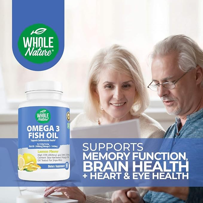 Omega 3 Fish Oil Supplements Maximum Strength 2400 mg Omega-3 1440mg Fish Oil EPA DHA Fatty Acids Heart Health Vision Eye Brain Immune Support for Women &amp Men. Natural Lemon Flavor 180ct