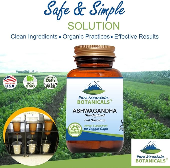 Pure Mountain Botanicals Ashwagandha Capsules - 90 Kosher Vegan Caps with 475mg Organic Ashwagandha Root &amp Potent Ashwagandha Extract