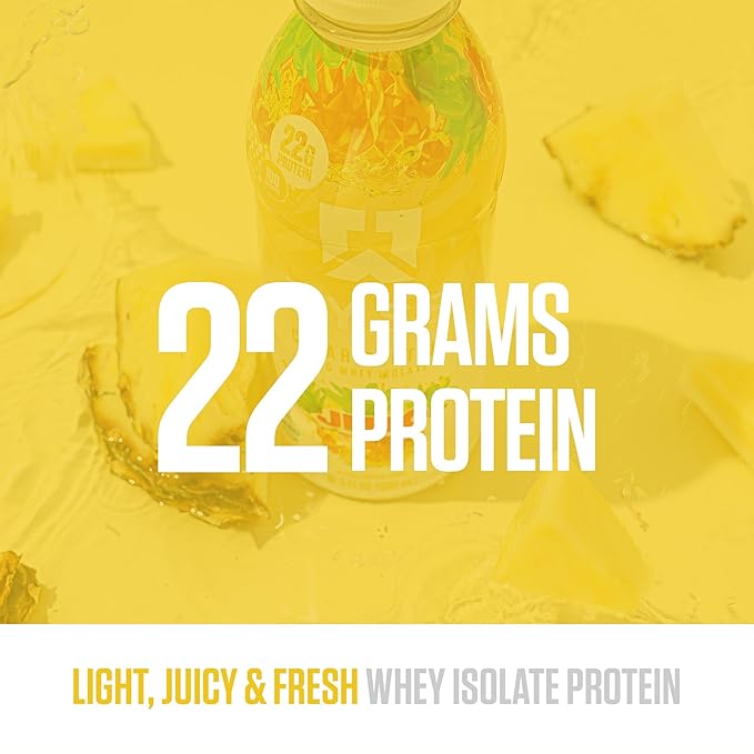 RYSE Clear Protein Drink - Jell-O Island Pineapple - 100 Calories 22g Whey Isolate Protein Shake Sugar-Free 0g Fat &amp Lactose-Free - Refreshing Ready-to-Drink Beverage - 16.9 fl oz Bottles (12-P