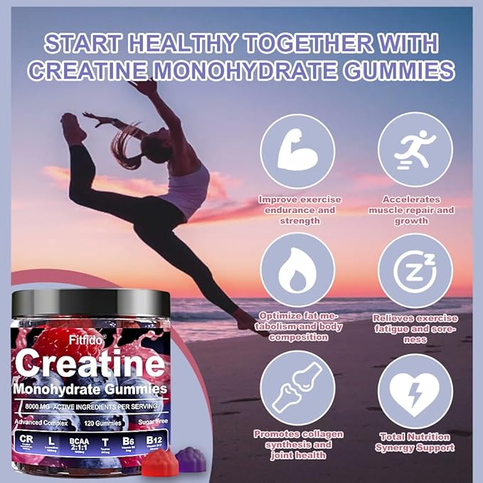 Creatine Monohydrate Gummies Complex 8000mg for Men and Women Containing L-carnitine &amp Taurine Build Muscle Boost Energy Faster Recovery Sugar Free &amp Vegan Raspberry &amp Blackberry 12