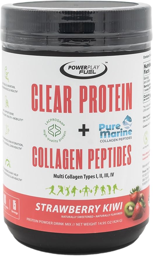 Clear Protein &amp Collagen Peptides Protein Powder Drink Mix - Naturally Sweetened &amp Flavored Gluten Free Lactose Free - Protein + Marine Collagen - 15 Servings (Strawberry Kiwi)